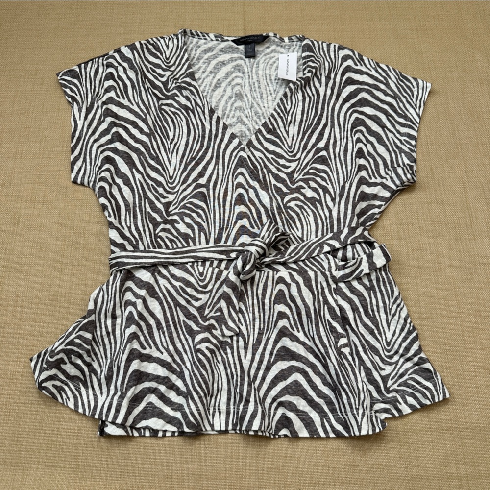 Banana Republic Zebra Print Linen Wrap Short Sleeve Blouse